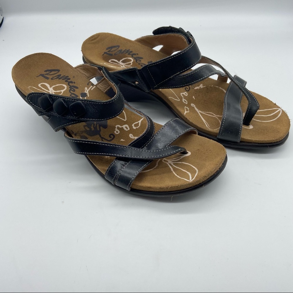 Romika 40 black leather‎ wedge slide strap sandals